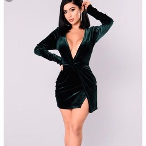 Green Velvet dress, low plunge.